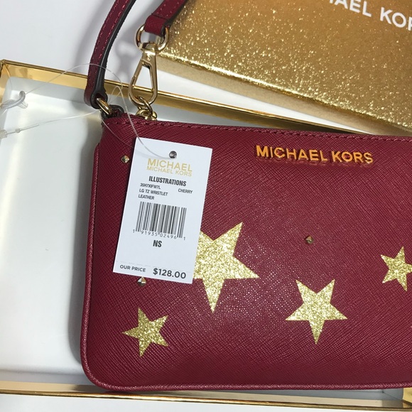 Michael Kors Large Top Zip Clutch Wristlet Leather Cherry Red Gold Stars Gift - Picture 4 of 7